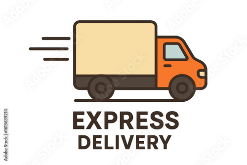Express delivery truck icon for fast shipping service. Logistics and transportation concept. Lorry moving quickly for freight and cargo. Commercial van for shipment. Vector.