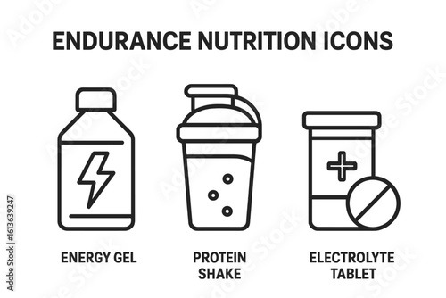 Endurance nutrition icons. Outline icon set of nutrition for endurance athletes. Energy gel, protein shake, electrolyte tablet. Sports supplement for fitness, workout.