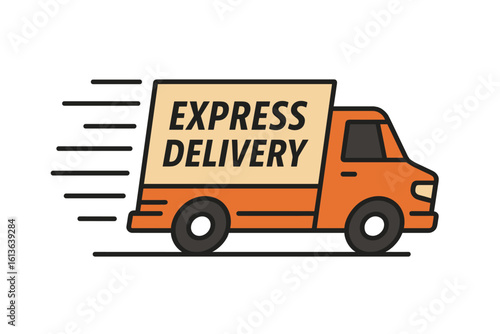 Express delivery truck icon. Fast shipping service concept. Logistics and transportation vehicle. Commercial cargo van moving quickly. Freight transport vector illustration.