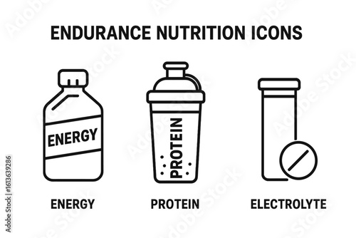 Endurance nutrition icon set for athletes. Outline vector symbols of energy drink, protein shake, and electrolyte supplement for sports, fitness, and marathon training.