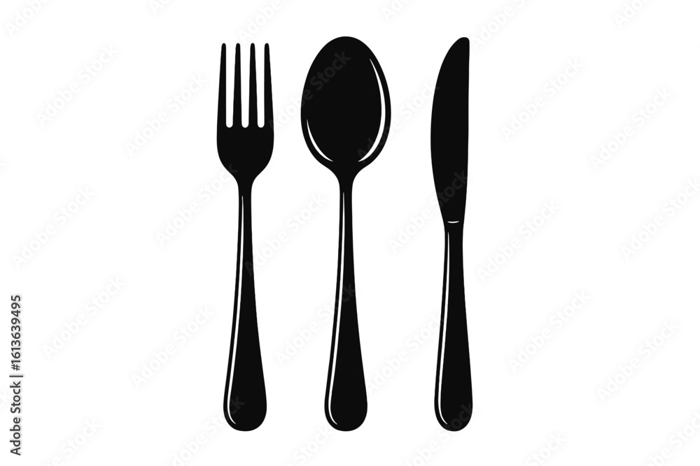 Elegant black cutlery set featuring a fork, spoon, and knife. Minimalist vector illustration icon for restaurant, dining, food blog, and kitchen concepts. Modern flatware silhouette. Elegant black cutlery set featuring a fork, spoon, and knife. Minimalist vector illustration icon for restaurant, dining, food blog, and kitchen concepts. Modern flatware silhouette.
