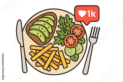 Food blogger meal top view with social media likes. Avocado toast, french fries, and fresh salad on a plate. Flat vector illustration for online content and popularity concept.