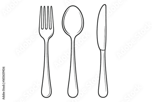 Fork, spoon, knife cutlery vector icon set. Restaurant menu symbol. Kitchen utensils line art illustration. Simple black outline drawing of silverware for food and dinner.