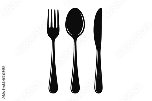 Elegant black cutlery set featuring a fork, spoon, and knife. Minimalist vector illustration icon for restaurant, dining, food blog, and kitchen concepts. Modern flatware silhouette.