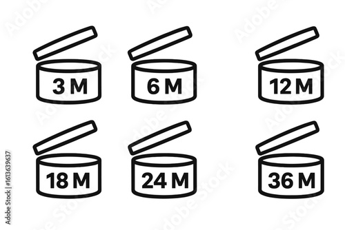 Period after opening PAO symbol set. Cosmetic packaging icons for expiration date and shelf life. Vector illustration of 3, 6, 12, 18, 24, 36 months validity.