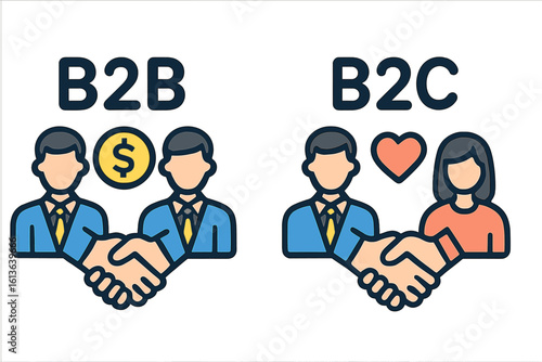 B2B vs B2C marketing models flat icon. Business to business and business to consumer sales strategy. Successful partnership, collaboration, agreement, and financial deal concept.