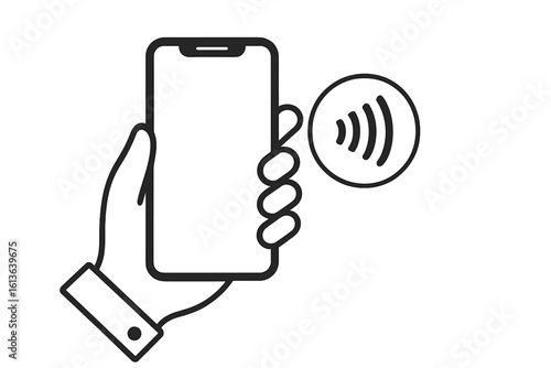 Hand holding phone for contactless wireless payment. Near Field Communication, NFC logo. Mobile transaction technology, tap to pay sign. Digital wallet vector icon.