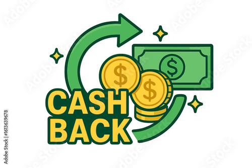Cash back vector icon concept. Money refund service for saving. Financial loyalty program promotion with bonus cash reward. Dollar coins and banknote symbol for shopping.