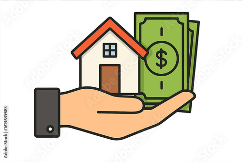 Home and money on hand vector illustration, financial security concept, real estate investment, house ownership, savings and wealth management, transparent background