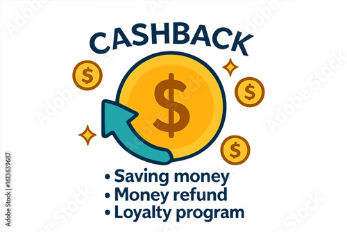 Cashback money refund concept. Loyalty program bonus for saving. Cash back reward symbol. Financial payment service. Marketing promotion vector illustration with dollar coin.