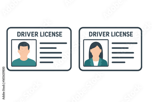 Driver license icon set for man and woman. ID card vector template with photo placeholder. Personal identity document, driving permit concept in flat design style.