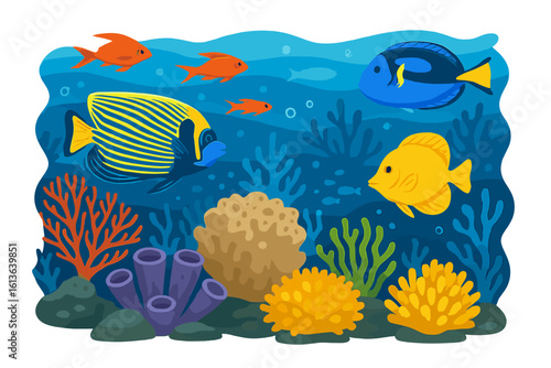 Vibrant cartoon coral reef with tropical fish. Underwater ocean scene with marine life. Colorful seascape illustration with angelfish and tang. Aquatic nature background vector.