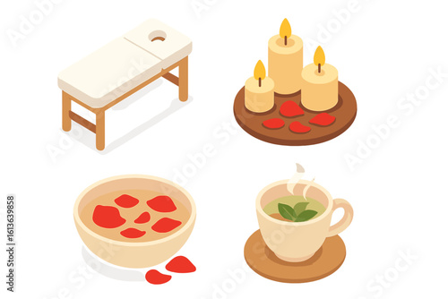 Luxury spa isometric icon set for wellness and relaxation. Includes massage table, aromatic candles, rose petals, and herbal tea. Vector for beauty and resort concepts.