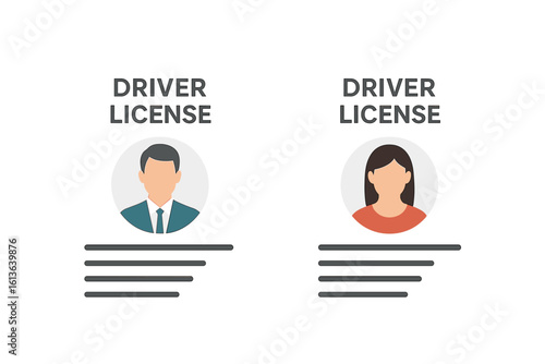 Driver license icon set with man and woman photo avatar. Identification card template. ID document for identity verification. Personal info data concept. Flat vector illustration.