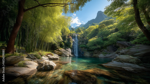 Serene Waterfall Surrounded by Green Bamboo Forest and Rocky Landscape
