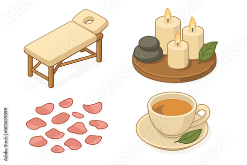 Spa and wellness isometric icon set. Luxury resort relaxation concept. Massage table, hot stones, aromatic candles, herbal tea, and rose petals for beauty treatment vector.