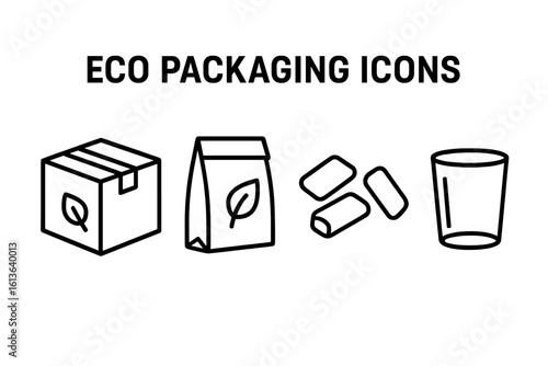 Eco friendly packaging line icon set. Sustainable, biodegradable, and recyclable materials. Outline symbols for cardboard box, paper bag, glass, and packing peanuts. Zero waste.