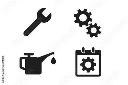Maintenance and repair solid icon set. Vector glyphs of wrench, gear, cog, oil can, and schedule calendar. Icons for mechanical engineering, industry, and car service.