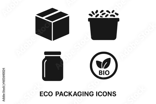 Eco packaging icon set. Solid glyphs of sustainable alternatives. Cardboard box, paper filler, glass jar, biodegradable material. Bio symbol for organic products. Vector.