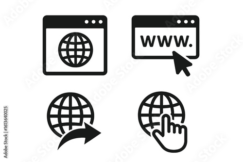Internet web browser and globe icon set. WWW address link, go to website symbol, and hand click cursor pointer vector illustration. Online communication technology concept.