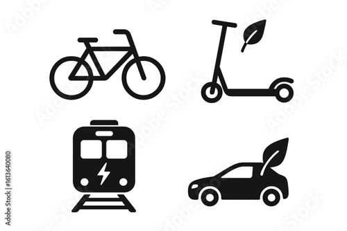 Eco transport solid icons set. Green mobility concept. Sustainable transportation vector symbols. Bicycle, electric scooter, e-scooter, train, tram, hybrid car, EV. Clean energy.
