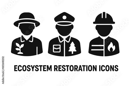 Ecosystem restoration solid icons set. Ecologist, forest ranger, firefighter team. Environmental conservation jobs. Forestry and nature protection professions. Vector glyphs.