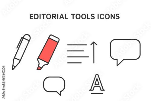 Editorial tools vector icon set. Outline icons for editing, proofreading and writing. Includes red pen, highlighter marker, track changes, comment bubble, and text style.