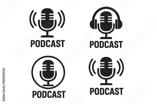Set of podcast icons with microphone. Radio show and webinar concept. Audio record symbol for webcast, online training, or audio blog. Flat vector illustration for broadcast.