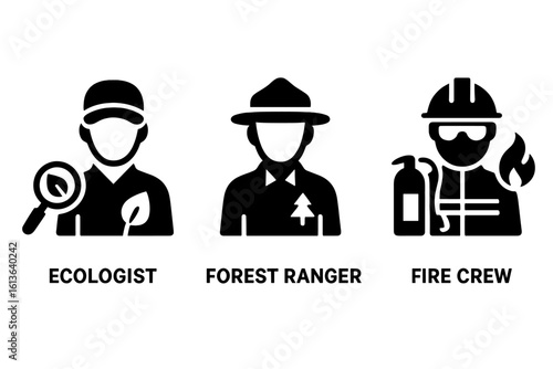 Ecosystem restoration team icons. Ecologist, forest ranger, fire crew pictogram set. Environmental protection, conservation, forestry and wildfire fighting solid glyphs.