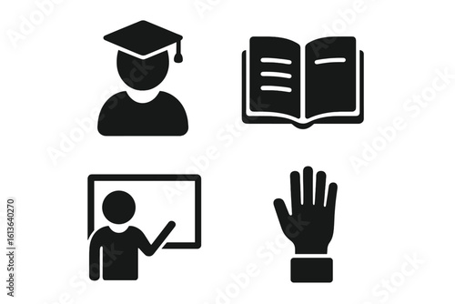 Education and learning icon set. Vector glyph symbols for school, university, and online courses. Student, teacher, book, and classroom participation icons for web and apps.