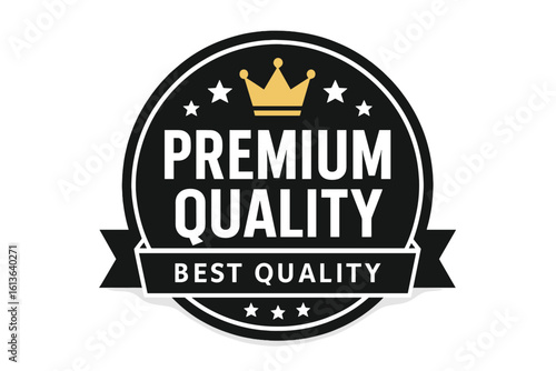 Premium quality label with golden crown and stars. Best quality guaranteed badge. Vector seal for product certification. Flat design sticker with ribbon for top choice award.