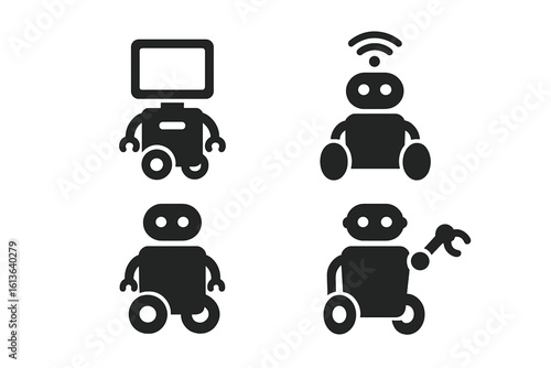 Elderly care robot vector icon set. Solid glyphs for senior assistance, nursing home automation, and AI companion tech. Includes robotic arm, touch screen & wheels.