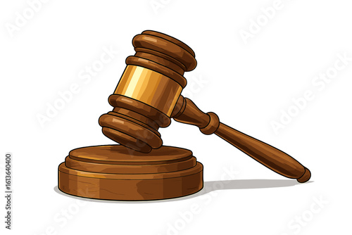 Judge's gavel and sound block. Wooden hammer for auction or court. Symbol of law, justice, and authority. Legal system concept for verdict, sentence, and judgment. Vector icon.