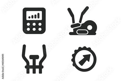 Elliptical machine solid glyph icons. Fitness equipment vector symbol set. Cardio workout, gym training concepts. Handlebars, pedals, resistance dial, control panel.