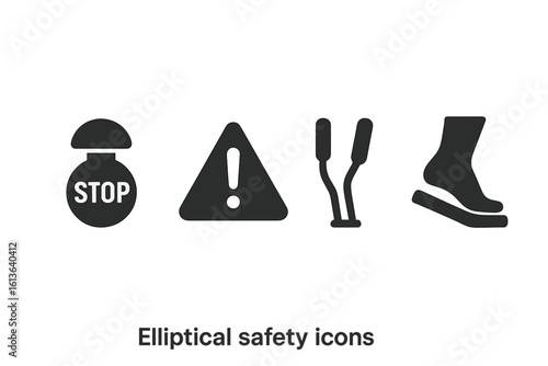 Elliptical machine safety icon set. Vector symbols for gym equipment instructions. Emergency stop button, warning triangle, handle grips, foot on pedal solid pictograms.