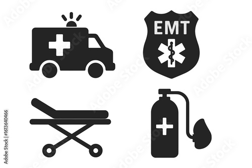 Emergency medical services solid icon set. Paramedic & EMT symbols. Ambulance, stretcher, oxygen tank & Star of Life badge. First aid, hospital & rescue vector glyphs.