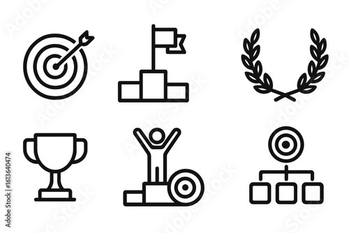 Goals and achievement line icon set. Concepts of competition, awards, winner, success and strategy. Includes target, podium, trophy, and laurel wreath for web and mobile app.