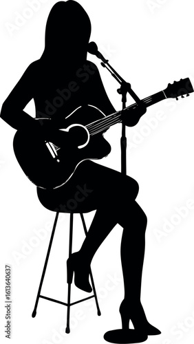 Vector art of a silhouette of a woman playing guitar and singing into a microphone captures the essence of a live musical performance isolated on white background