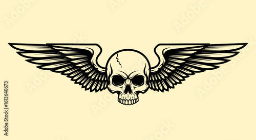 Winged Skull Graphic Symmetrical Wings Flanking a Cracked Skull with Dark Eyes.