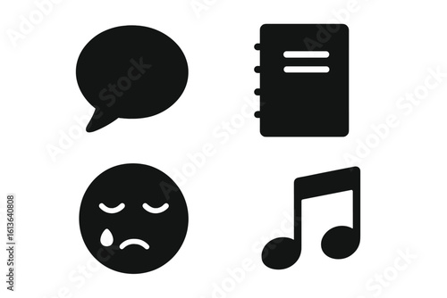 Mental health vector icons. Psychology concept of emotional expression. Coping with sadness, depression. Talking therapy, journaling, music notes, sad crying face emoji.