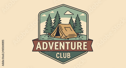 Adventure Club Emblem with Tent Trees and Clouds in a Retro Style.