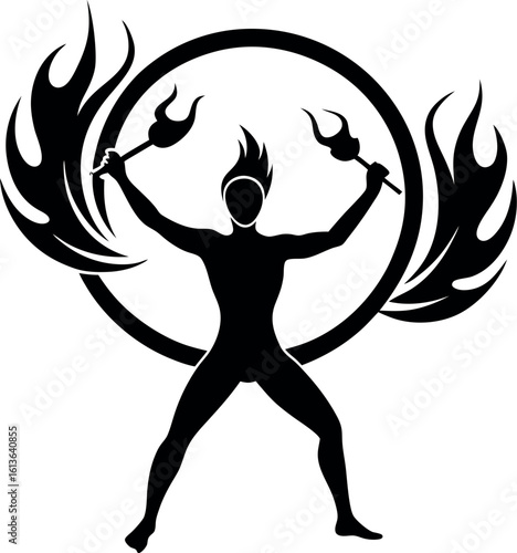 Vector art of a silhouette of a fire performer juggling flaming torches creates a captivating and dangerous spectacle isolated on white background