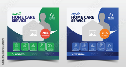 Professional healthcare post templates for social media, highlighting home care, nursing, and elderly treatment