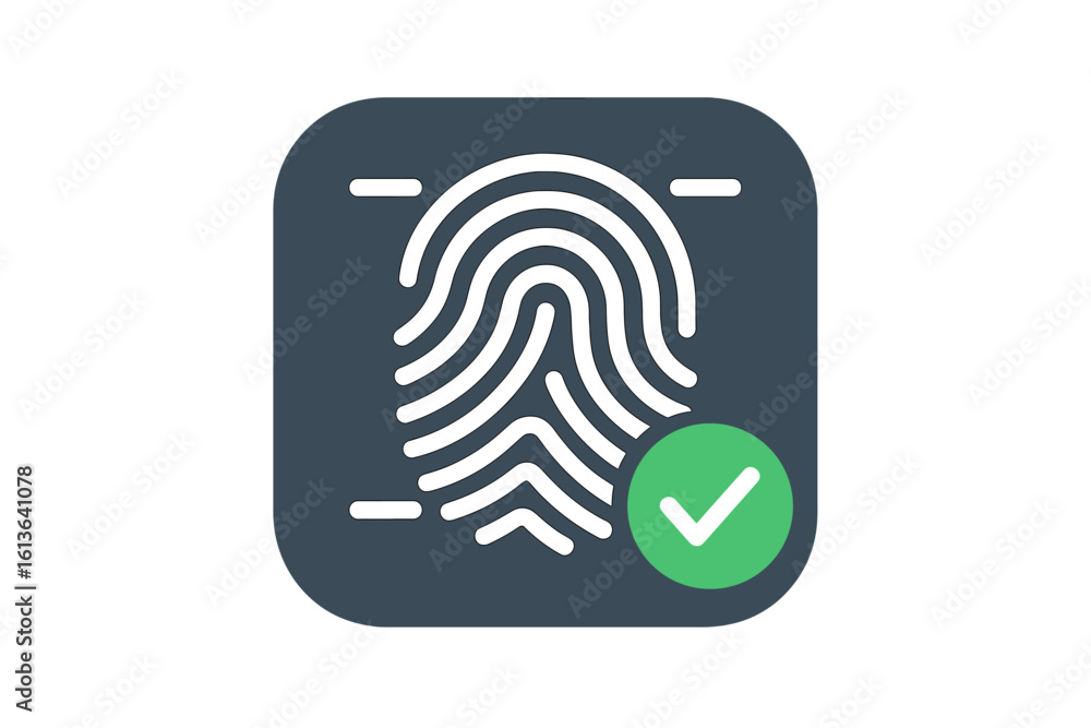 Fingerprint accepted icon. Biometric authentication. Security access control. Touch ID scan for identity verification. Secure login app symbol with checkmark. Approved access. Vector. Fingerprint accepted icon. Biometric authentication. Security access control. Touch ID scan for identity verification. Secure login app symbol with checkmark. Approved access. Vector.