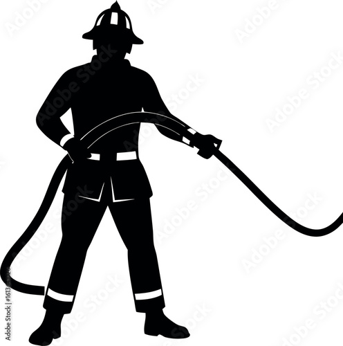 Vector art of a silhouette of a firefighter holding a hose symbolizes bravery and service in protecting the community isolated on white background