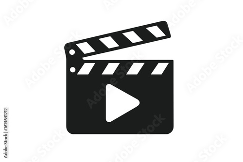 Black clapper board icon with play button in flat style. Clapperboard vector illustration for movie and film. Filmmaking or video movie production, cinematography concept.