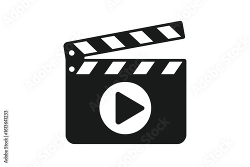 Black clapper board icon with play button. Flat style vector illustration. Movie film clapperboard for filmmaking or video production. Cinema, cinematography concept.