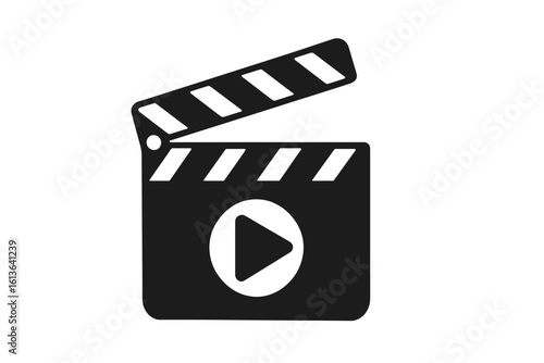 Black clapper board icon with play button. Vector illustration in flat style. Movie, film, and video production symbol. Cinematography and filmmaking equipment element.