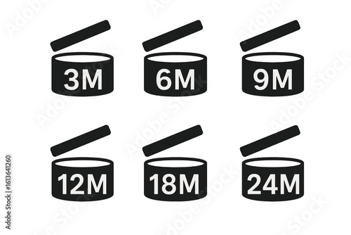 Black period after opening PAO symbols set. Expiration period of cosmetics after package is opened. Validity and useful lifetime icons for beauty packaging. Months vector sign.