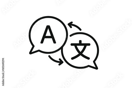 Language translation chat icon concept. Multilingual communication symbol. Online translator or dictionary app pictogram. Foreign language conversation & learning vector logo.